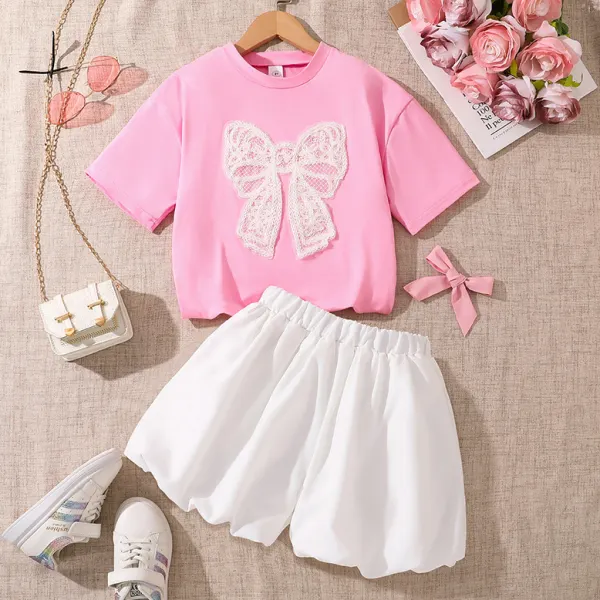 【7Y-12Y】2-piece Girls Sweet And Cute Lace Bow Embroidered Pink T-shirt And White Shorts Set - Popopieshop.com 