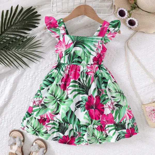 【2Y-7Y】Girls Sweet Vacation Tropical Green Leaf Print Square Neck Ruffle Dress - Popopieshop.com 