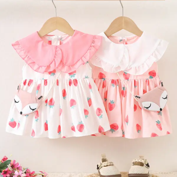 【6M-3Y】2-piece Girls Cute Strawberry Print Doll Collar Colorblock Sleeveless Dress With Crossbody Bag - Popopieshop.com 