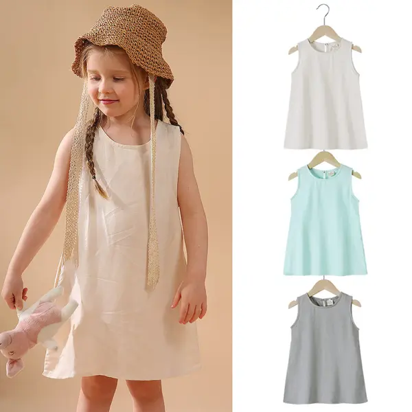 【18M-6Y】Girls Simple Cotton Linen Sleeveless Solid Color Dress - Popopieshop.com 