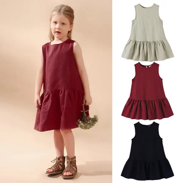 【18M-5Y】Girls Simple Fashion Solid Color Ruffle Design Sleeveless Dress - Popopieshop.com 