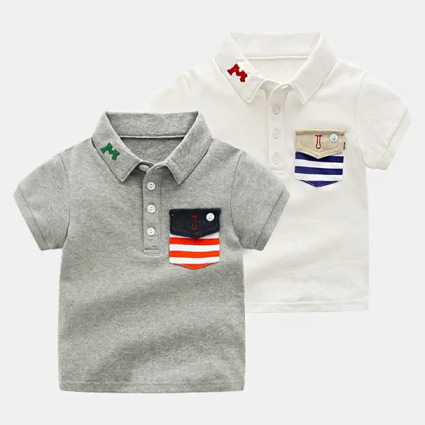 【18M-6Y】Boys Casual Letter Embroidered And Striped Pocket Navy Style Short Sleeve Polo Shirt - Popopieshop.com 