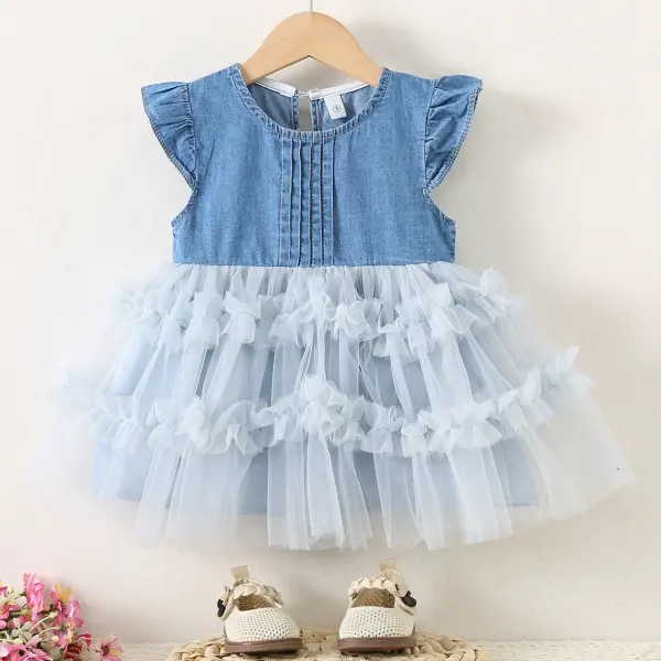 【6M-4Y】Girls Sweet Denim Splicing Mesh Puffy Dress - Popopieshop.com 