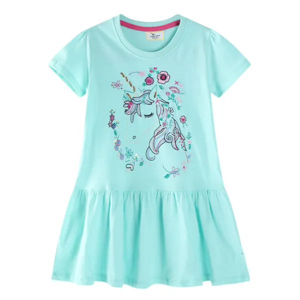 【1Y-7Y】Girls Cute Unicorn And Floral Embroidered Mint Blue Short Sleeve Dress - Popopieshop.com 