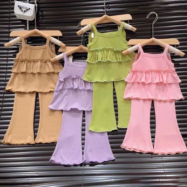 【18M-8Y】2-piece Girls Casual Simple Solid Color Ruffle Top And Pants Set - Popopieshop.com 