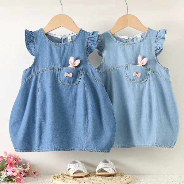 【6M-4Y】Girls Cute Rabbit Pocket Ruffle Denim Dress - Popopieshop.com 