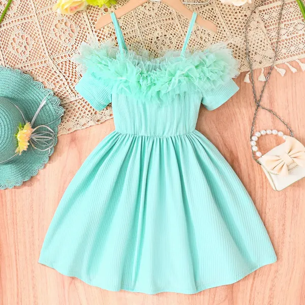 【3Y-7Y】Girls Elegant Sweet Mesh Ruffle Design Strapless Mint Green Halter Dress - Popopieshop.com 