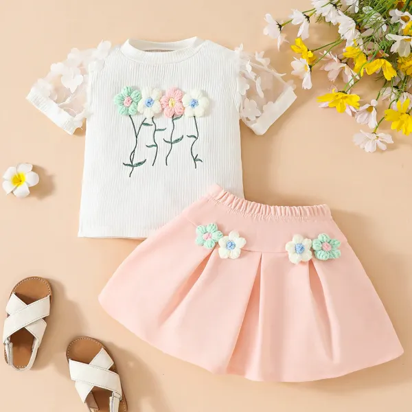 【18M-6Y】2-piece Girls Sweet And Cute Floral Design White T-shirt And Pink Skirt Set - Popopieshop.com 