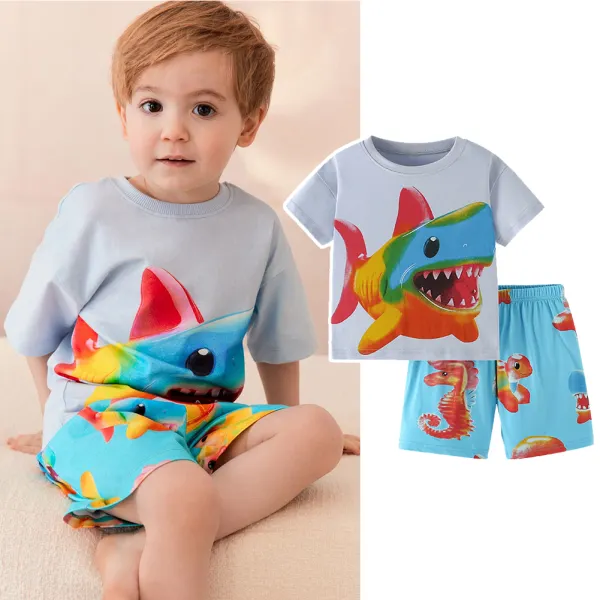 【2Y-10Y】2-piece Boys Casual Shark Print Blue T-shirt And Shorts Set - Popopieshop.com 