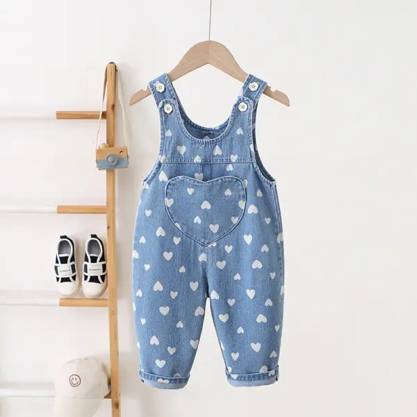 【12M-5Y】Girls Heart Print Denim Overalls - Popopieshop.com 