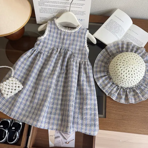 【12M-7Y】2-piece Girls Vintage Plaid Print Sleeveless Dress With Free Hat - Popopieshop.com 