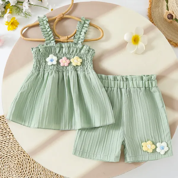【0M-4Y】2-piece Girls Sweet And Cute Floral Design Green Camisole Top And Shorts Set - Popopieshop.com 