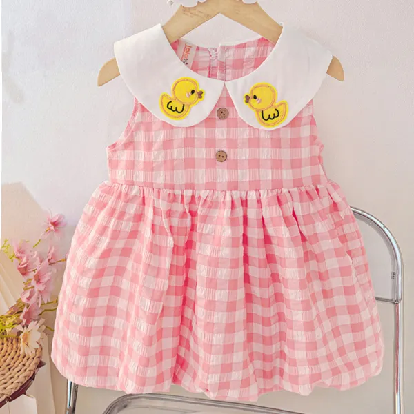 【12M-4Y】Girls Plaid Duck Embroidered Sleeveless Dress - Popopieshop.com 