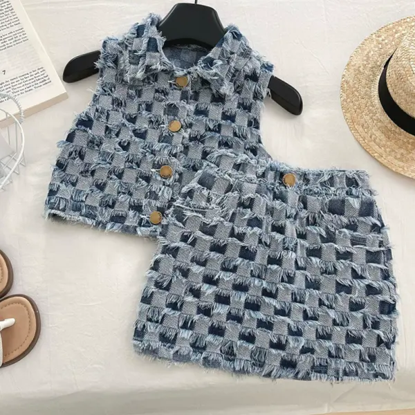 【18M-10Y】2-piece Girls Fashion Raw Edge Checkerboard Lapel Denim Vest And Skirt Set - Popopieshop.com 