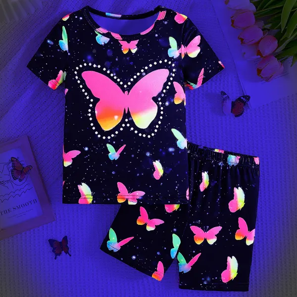 【2Y-7Y】2-piece Girls Luminous Butterfly Print Short Sleeve Pajama Set - Popopieshop.com 