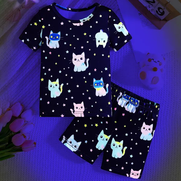 【2Y-7Y】2-piece Girls Luminous Star Cat Printed Short Sleeve Pajama Set - Popopieshop.com 