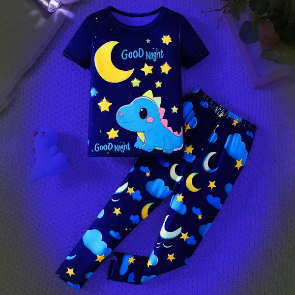 【2Y-7Y】2-piece Boys Luminous Dinosaur Print Short Sleeve Pajama Set - Popopieshop.com 