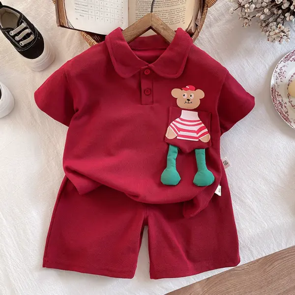 【18M-6Y】2-piece Boys Casual Cotton Cartoon Print Pocket Short Sleeve POLO And Shorts Set - Popopieshop.com 