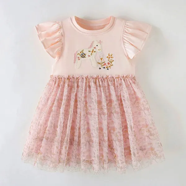【2Y-10Y】Girls Sweet And Cute Unicorn And Floral Embroidered Pink Ruffle Sleeve Dress - Popopieshop.com 