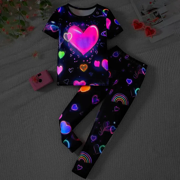 【2Y-7Y】2-piece Girls Luminous Heart Printed Short Sleeve Pajama Set - Popopieshop.com 