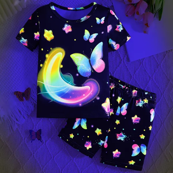 【2Y-7Y】2-piece Girls Luminous Butterfly Print Short Sleeve Pajama Set - Popopieshop.com 