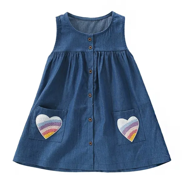 【2Y-10Y】Girls Sweet And Cute Rainbow Heart Shape Embroidered Blue Sleeveless Dress - Popopieshop.com 