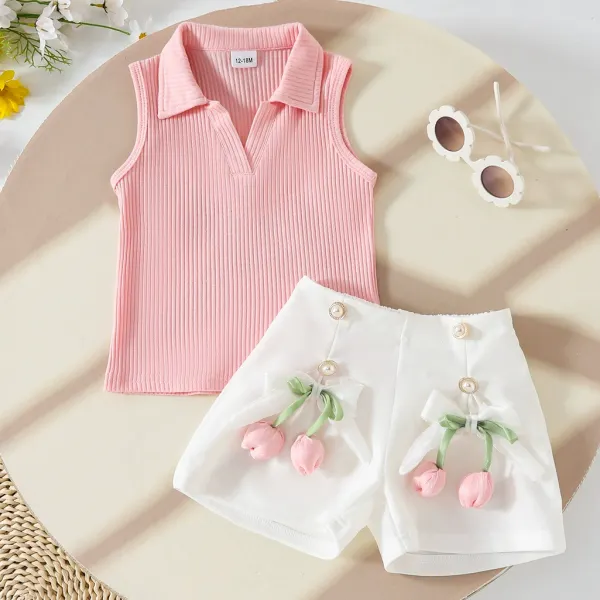 【6M-4Y】2-piece Girls Sweet And Cute Pink Sleeveless Top And Floral Design White Shorts Set - Popopieshop.com 