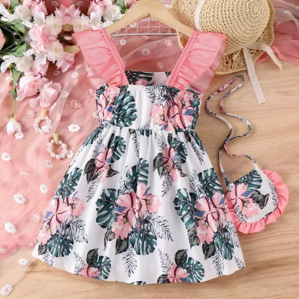【3Y-7Y】Girls Sweet Leaf Print Flying Sleeve Dress With Bag - Popopieshop.com 