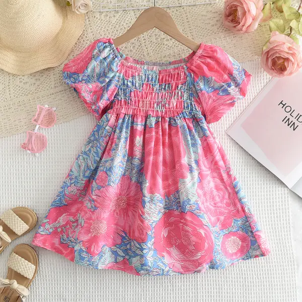 【2Y-8Y】Girls Sweet Floral Print Short Sleeved Dress - Popopieshop.com 