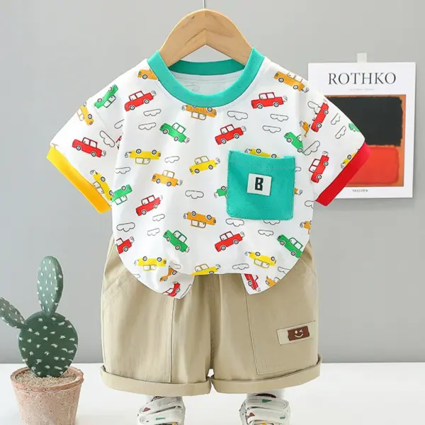 【12M-5Y】2-piece Boys Casual Colorful Car Print Short Sleeve T-shirt And Shorts Set - Popopieshop.com 