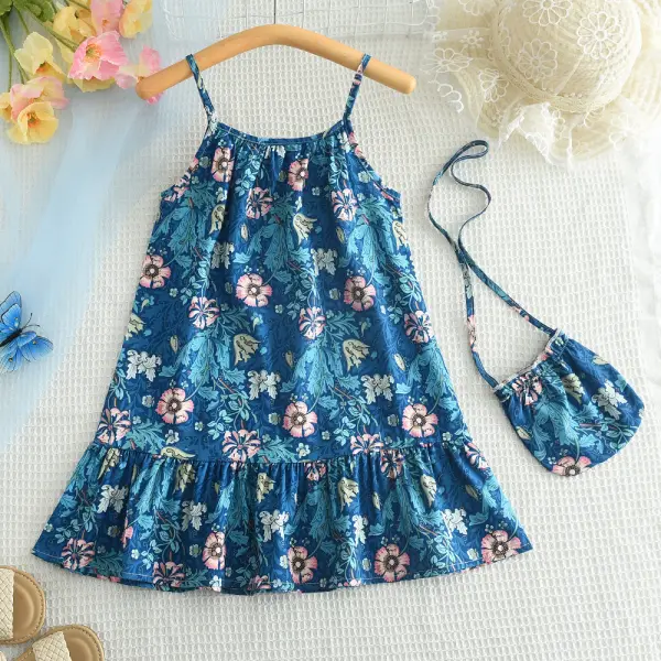 【2Y-8Y】Girls Blue Floral Print Sleeveless Dress With Bag - Popopieshop.com 