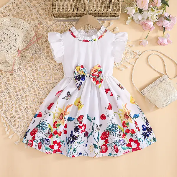 【3Y-7Y】Girls Casual Ruffle Collar Butterfly Pattern Bowknot Dress - Popopieshop.com 