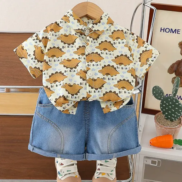 【12M-5Y】2-piece Boys Casual Cartoon Dinosaur Print Short Sleeve And Denim Shorts Set - Popopieshop.com 