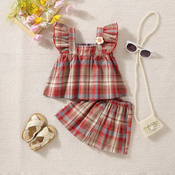 【12M-4Y】2-piece Girls Plaid Print Camisole Top And Shorts Set - Popopieshop.com 