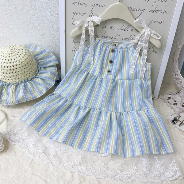 【18M-8Y】2-piece Girls Sweet Holiday Light Blue Striped Suspender Dress With Hat - Popopieshop.com 