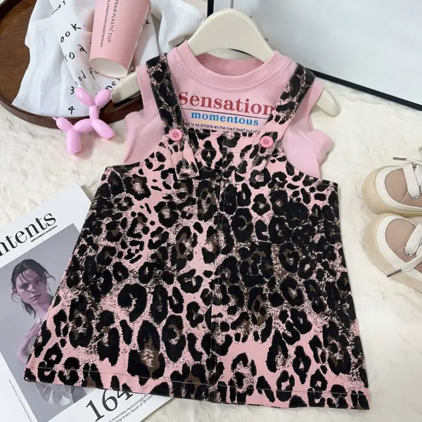 【18M-8Y】2-piece Girls Fashion Letter Print Pink Vest And Leopard Print Strap Skirt Set - Popopieshop.com 