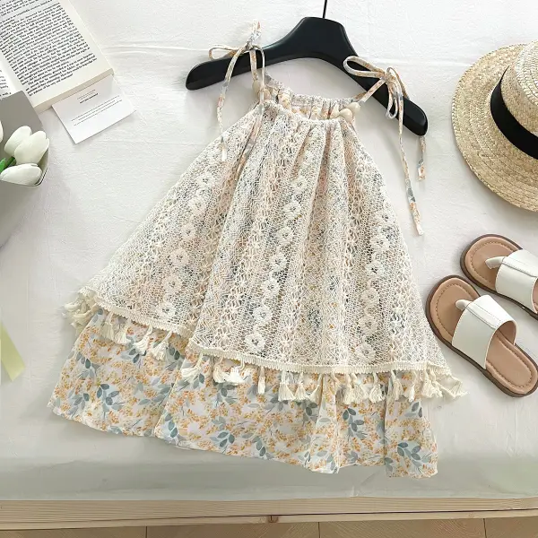 【18M-11Y】Girls Sweet Floral Print Lace Suspender Dress - Popopieshop.com 