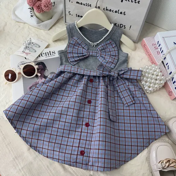 【18M-9Y】Girls Bow Plaid Print Vest Dress - Popopieshop.com 
