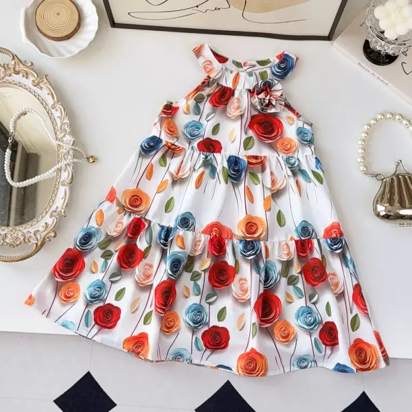 【2Y-8Y】Girls Flower Print Sleeveless Halter Neck Dress - Popopieshop.com 