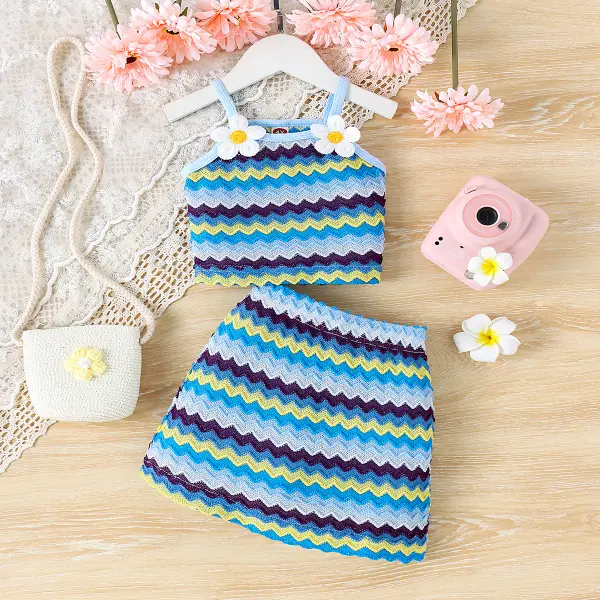 【9M-7Y】Girls Cute Knitted Striped Print Top And Skirt Set - Popopieshop.com 
