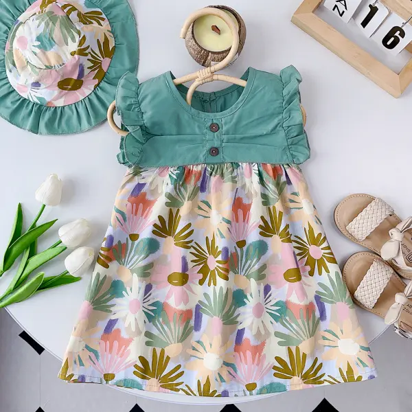 【18M-8Y】Girls Cotton Flower Print Splice Dress With Hat - Popopieshop.com 