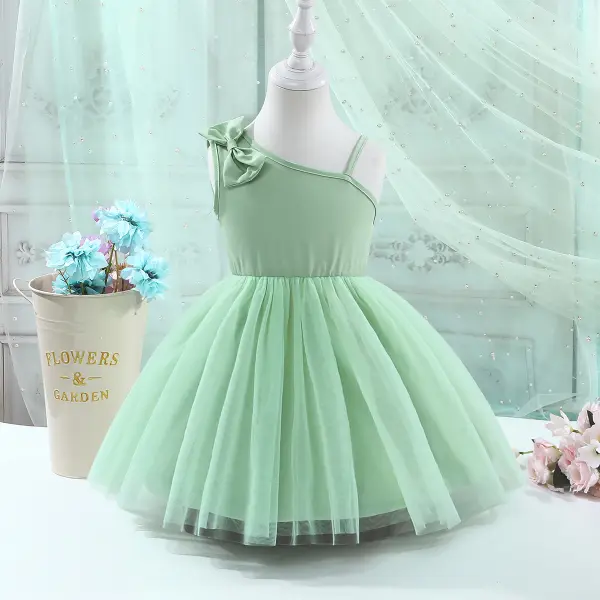 【2Y-7Y】Girls Cute Solid Color One Shoulder Tulle Dress - Popopieshop.com 