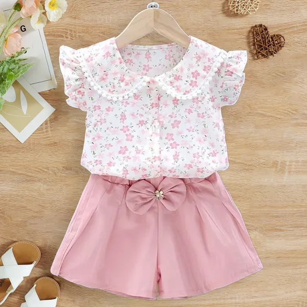 【12M-4Y】2-piece Girls Sweet Floral Doll Collar Ruffle Shirt And Shorts Set - Popopieshop.com 