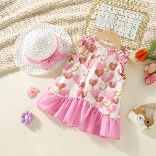 【12M-4Y】2-piece Girls Sweetheart Heart Print Dress With Free Bow Hat - Popopieshop.com 
