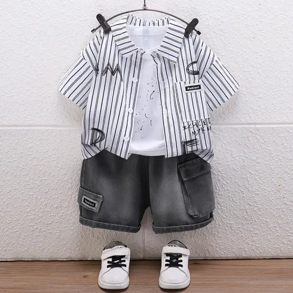 【12M-5Y】3-piece Boys Casual White Vest Striped Letter Print Short Sleeve Shirt And Shorts Set - Popopieshop.com 