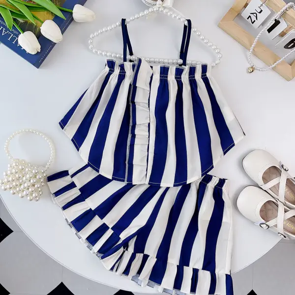 【2Y-8Y】2-piece Girls Striped Suspender Top And Ruffled Shorts Set - Popopieshop.com 