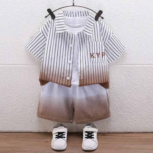 【12M-5Y】3-piece Boys Casual White Vest Gradient Striped Short Sleeve Shirt And Shorts Set - Popopieshop.com 