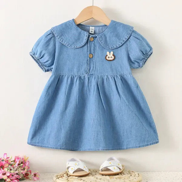 【6M-4Y】Girls Cute Doll Collar Rabbit Ears Short Sleeve Denim Dress - Popopieshop.com 
