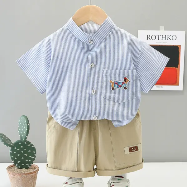 【12M-5Y】2-piece Boys Casual Striped Stand Collar Short Sleeve Shirt And Shorts Set - Popopieshop.com 