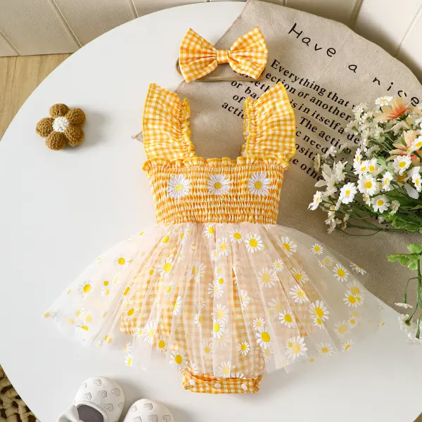 【0M-18M】One-piece Baby Girls Sweet Daisy Embroidered Lattice Mesh Triangle Romper - Popopieshop.com 